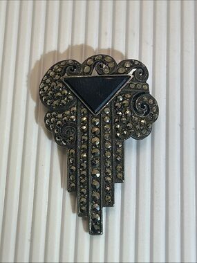 Sterling Black Onyx Marcasite Statement Vintage Brooch -
